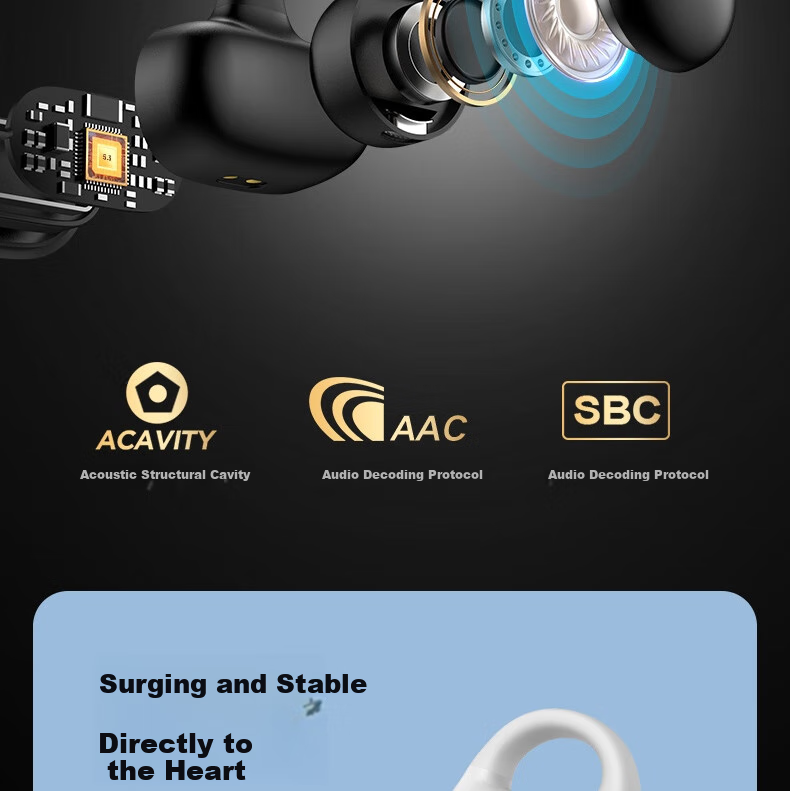 Aigo Bluetooth Headphones, Bone Conduction Concept Air Conduction Ear Clip Open-Style Non-In Sports Calling Headphones, Compatible with Xiaomi And Other Phones, Tablets, Computers, Universal TX02 Black 6