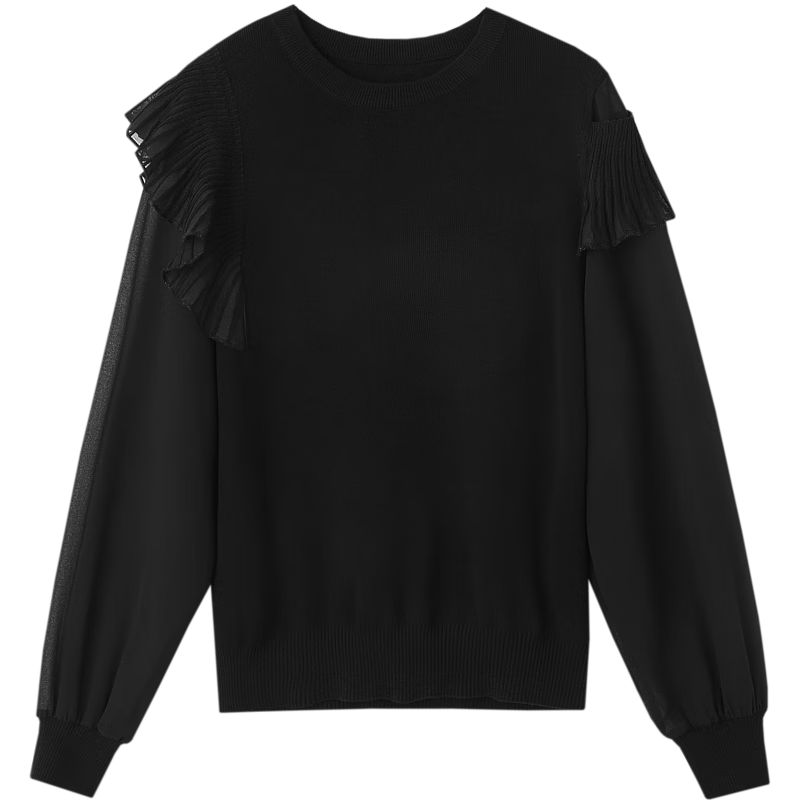 Dme Noblewoman Slim Velvet Yarn Sweater Spring and Autumn Light Mature Style Asymmetric Ruffle Round Neck Long Sleeve Knit Top for Women