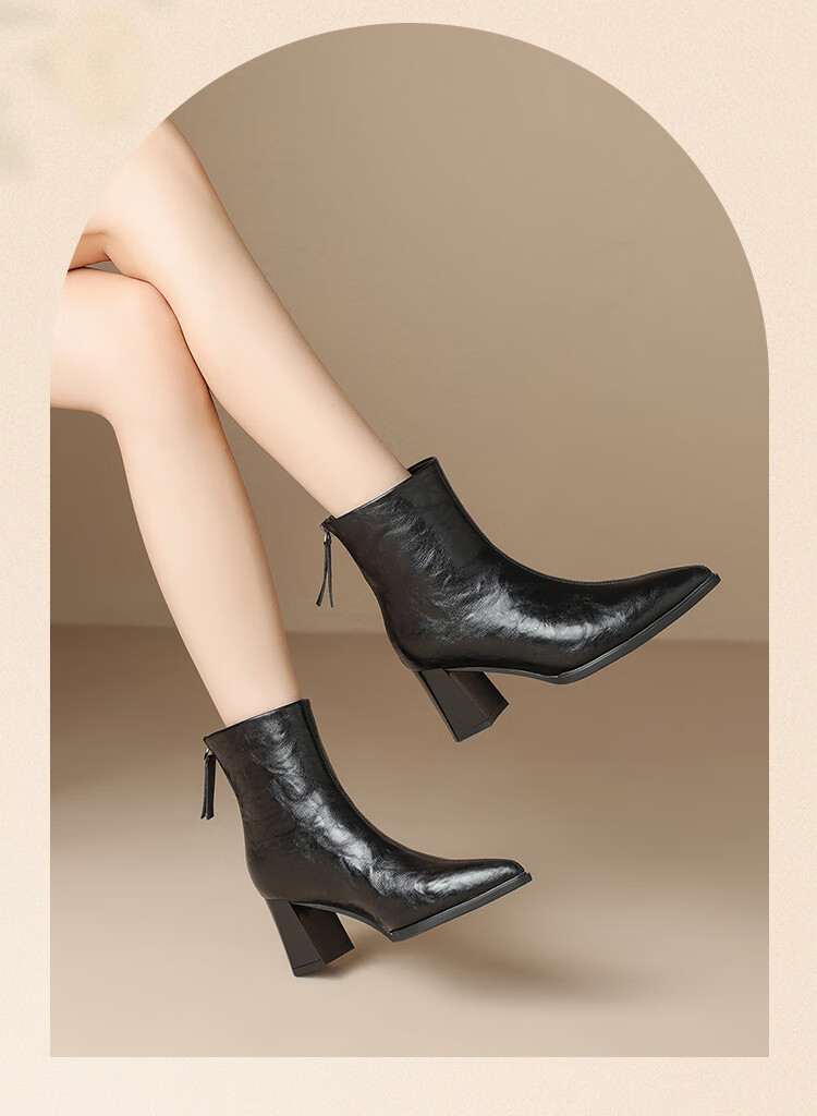 ZHR Fleece-Lined Women's Ankle Boots 2025 Winter New Pointed Toe High Heels Thick Heels Fashion Slim Boots BL616A Black 37 2