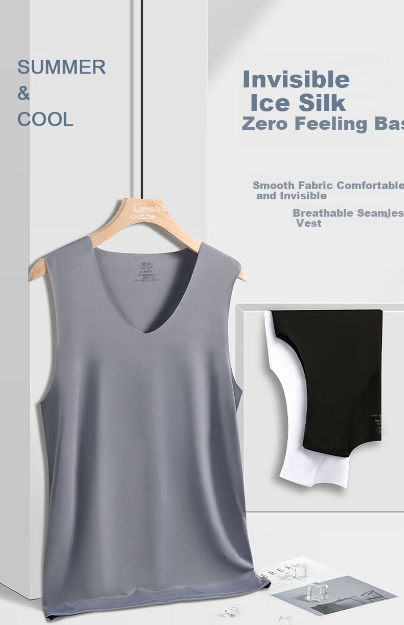 LangSha Men's Tank Top, Summer Ice Silk Thin Style, 7A Grade Antibacterial Seamless Sports Casual Undershirt, 3-Piece Set 1
