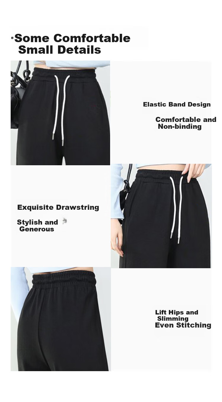 Jeanswest Women's Summer High-Waist Draped Drawstring Loose American-Style Sporty Curved Wide-Leg Pants Black M 4