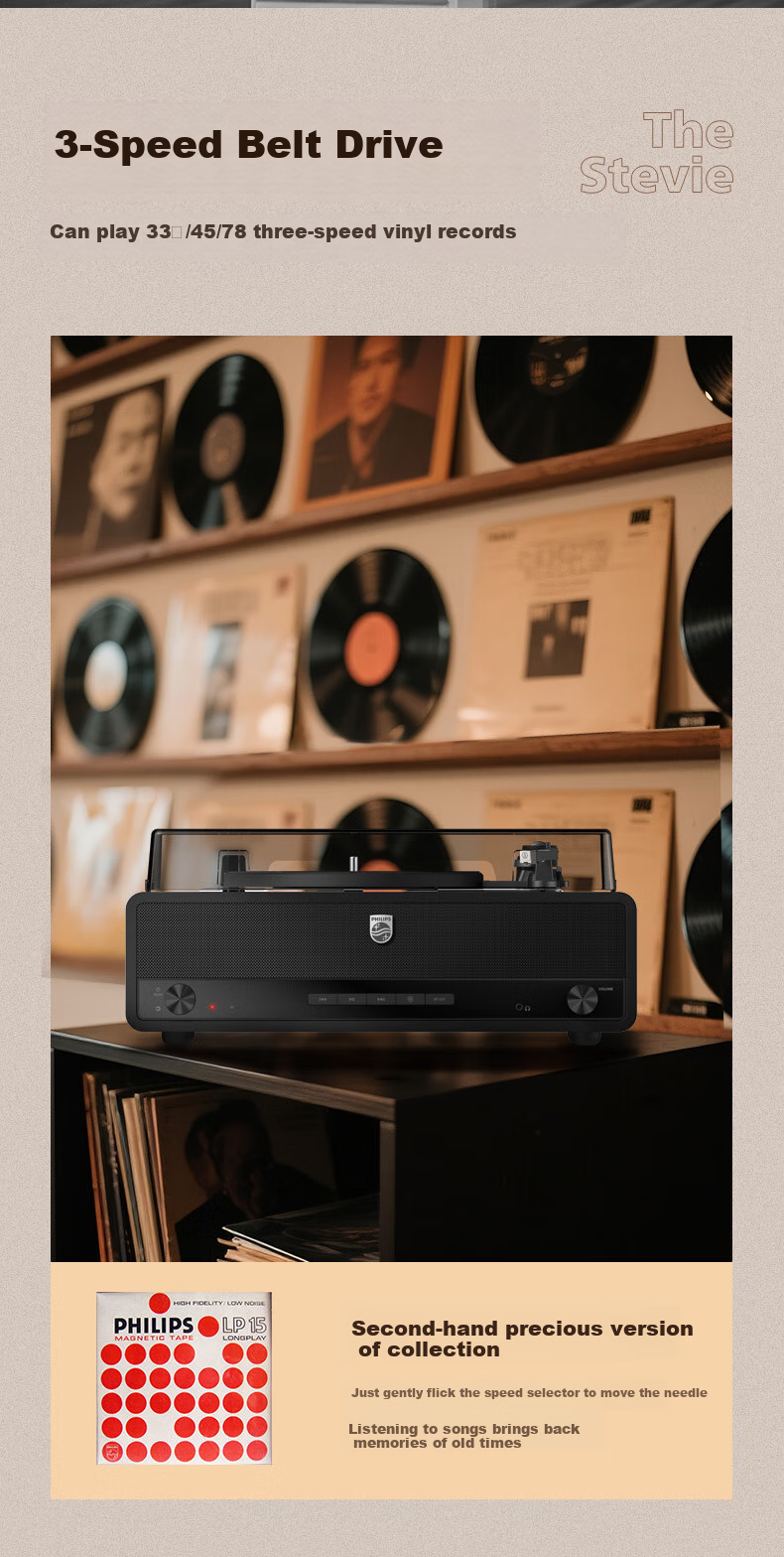 PHILIPS TAV3000B Vinyl Record Player Bluetooth Wireless Retro Audiophile Phonograph Turntable [Subsidies] Black 9