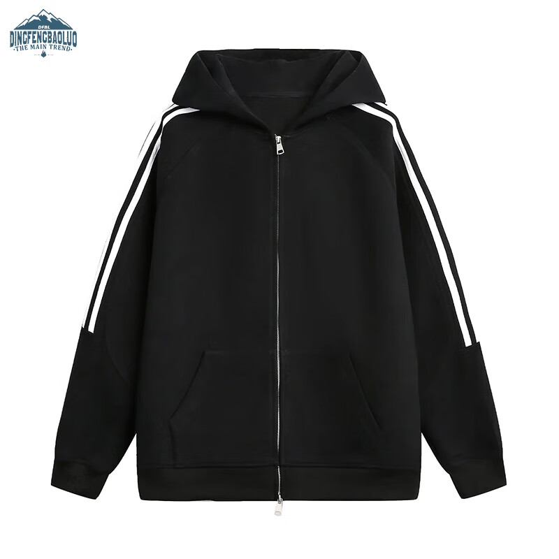 Dingfengbaoluo American Style Striped Cardigan Hoodie Men Autumn Loose Casual Hooded Jacket XM05 Black S