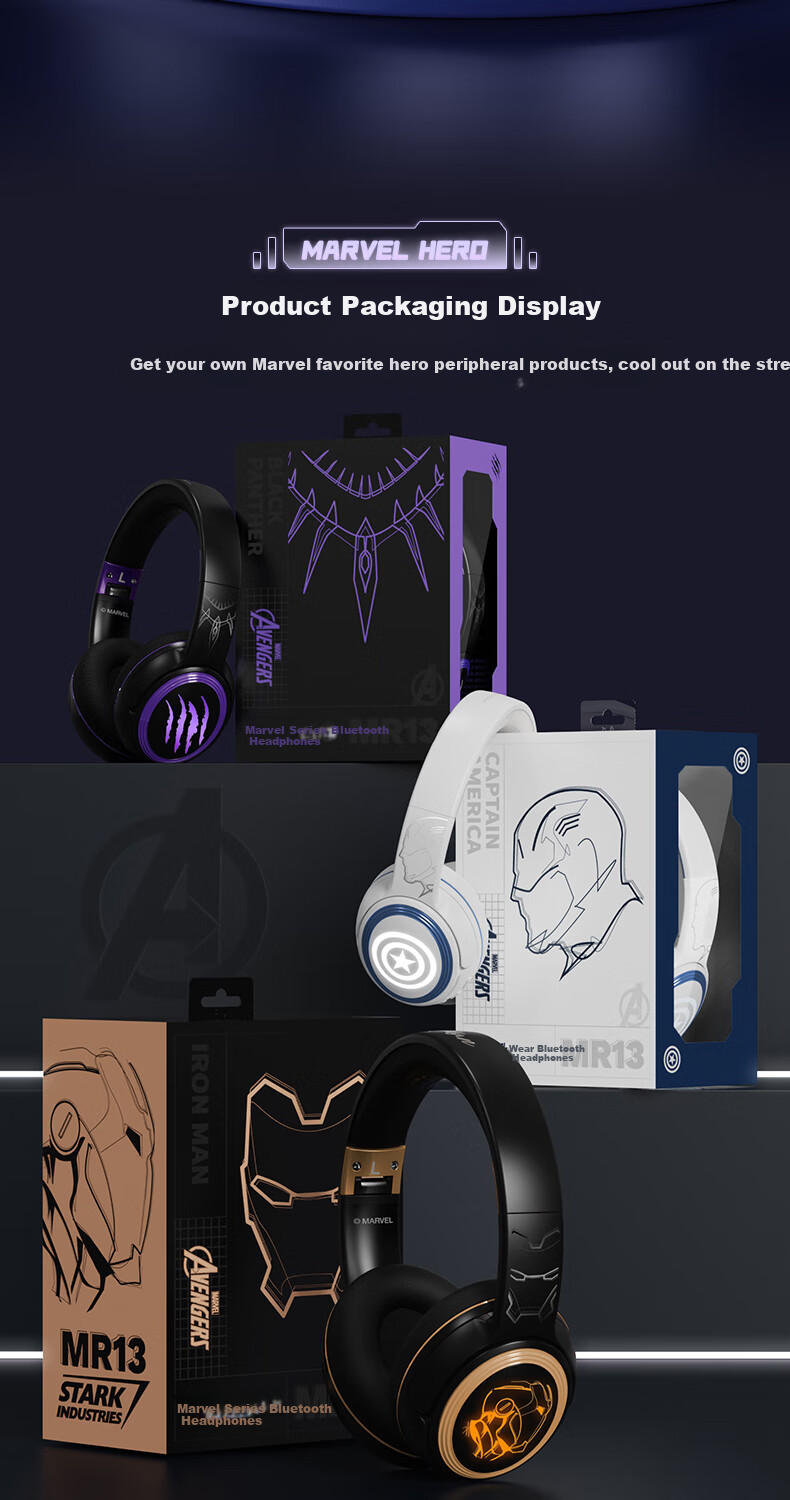 Disney Marvel Co-Branded Wireless Bluetooth Headphones, Over-Ear, Long Battery Life, for E-Sports Gaming, Sports, Music, Computer Headset, Couples Birthday Gift for Men, MR13 Black Panther 11