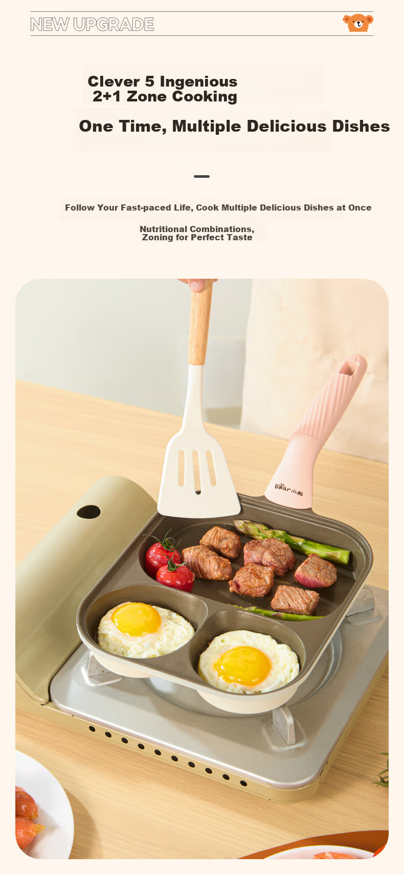 Bear Non-Stick Frying Pan with Three Holes for Breakfast, Titanium-Infused Multifunctional Pan for Scrambled Eggs, Teriyaki Chicken, And Burgers, Compatible with All Stoves, 23cm 7