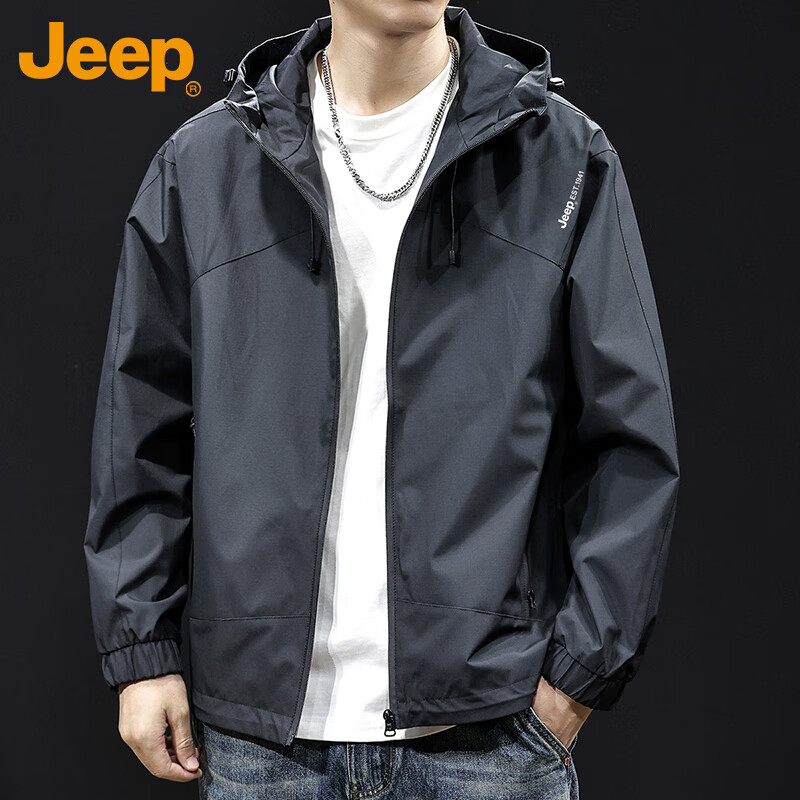 JEEP Men's Spring Autumn Hooded Casual Workwear Jacket Coat Gray L
