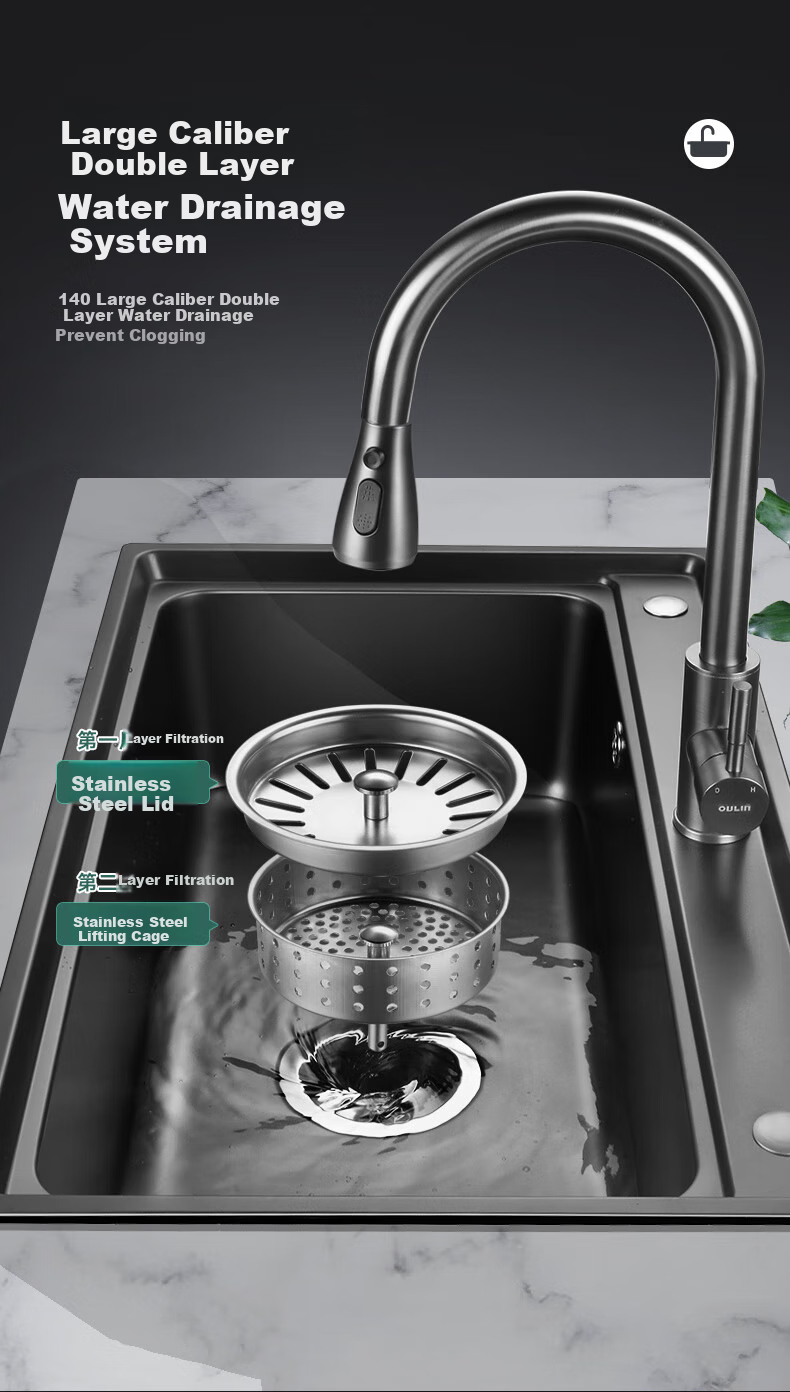OULIN Kitchen Sink, Large Single Bowl, Undermount Basin, Vegetable Washing Sink, Three-Hole Series, Integrated Basin, Nano SUS304 Stainless Steel, 616H 17
