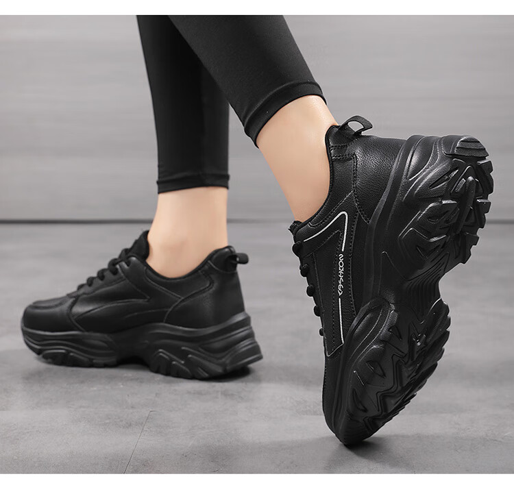 TonLion Women's Spring Summer 2026 Leather Dad Sneakers Casual Thick Sole Sports Shoes Black Size 38 8