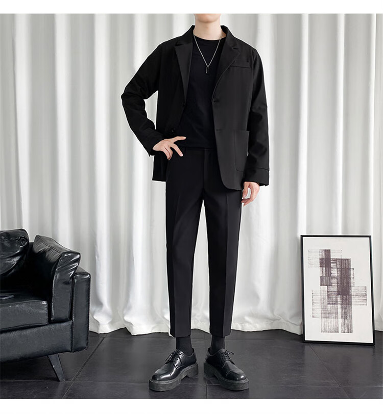 TUCANO Men's Suit Set Korean Style Fashion Two-Piece Business Casual Versatile Jacket and Comfortable Trousers Black XL 3