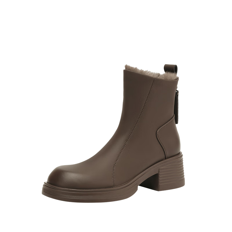 DAPHNE Stylish Short Winter Fleece-Lined Slim Chelsea Boots with Chunky High Heels Brown Size 37