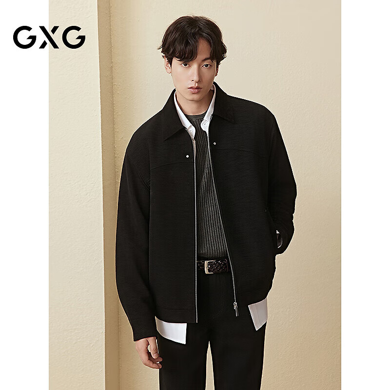 GXG Men's Oversized Executive Suede Jacket with Studded Placket Casual Lapel Coat Black 180/XL