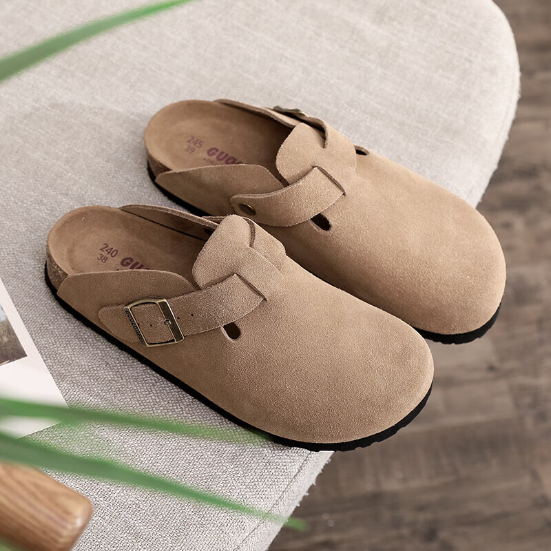GUOLUOFEI First Layer Cowhide Toe-Cap Shoes for Men Outdoor Comfortable Soft Sole Premium Breathable Genuine Leather Toe-Cap Half Slippers for Women Brown Size 42