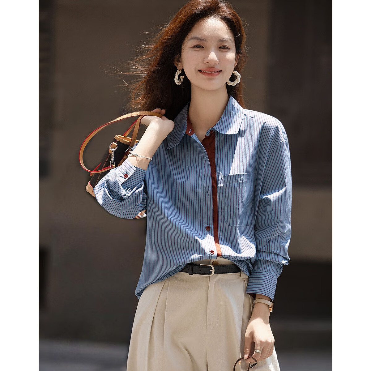 Demana [Comfort Pure Cotton] Autumn Artistic Blue Tone Contrast Collar Striped Pocket Straight Shirt Women's Top