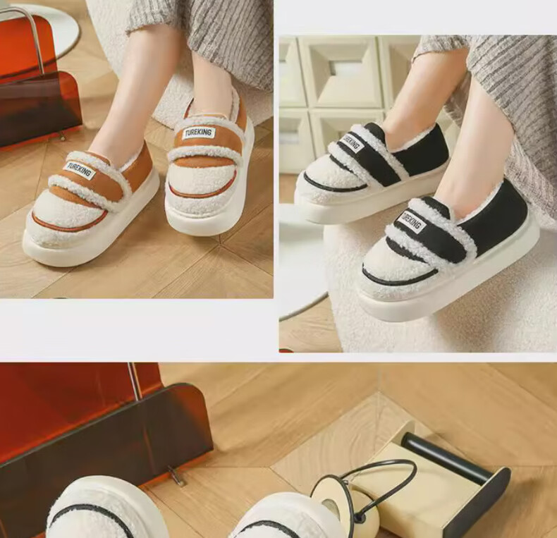 FOOTOPPO Women's Lamb Wool Cotton Shoes Thick Sole Cotton Slippers Maternity Winter Plush Back Strap Warm Slippers 3