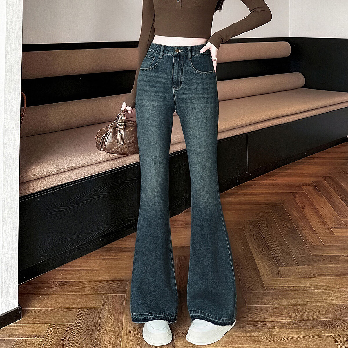 TonLion 2025 Autumn Winter Women's Slim Fit Frayed Hem Flared Denim Jeans