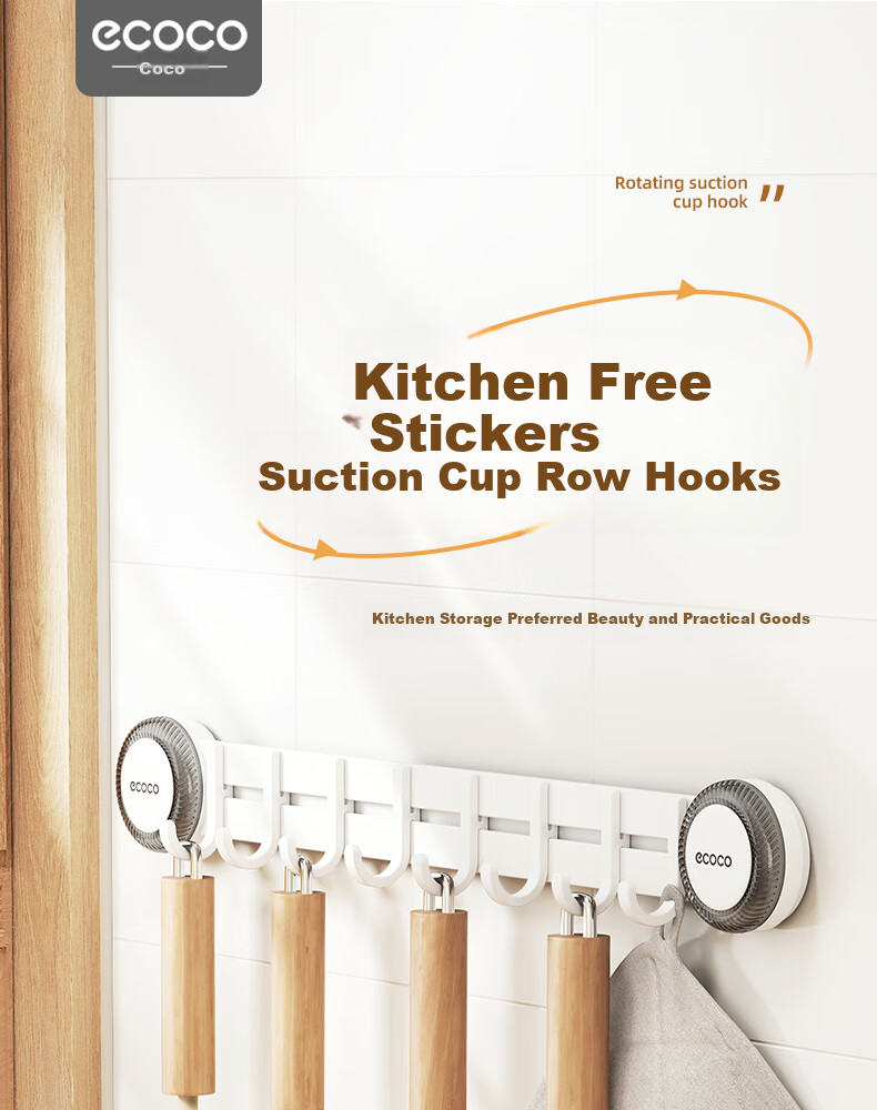 Ecoco Suction Cup Hooks No Drilling Required One Row Kitchen Hanging Rack for Utensils, Pots, Spatulas, And Spoons Storage Organizer E25080 White 1