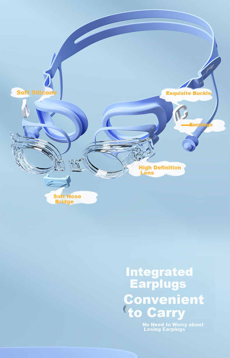 Li-Ning Children's Swimming Goggles with Earplugs for Boys And Girls, Professional Waterproof Anti-Fog High-Definition Diving Goggles LNJU352-2 8