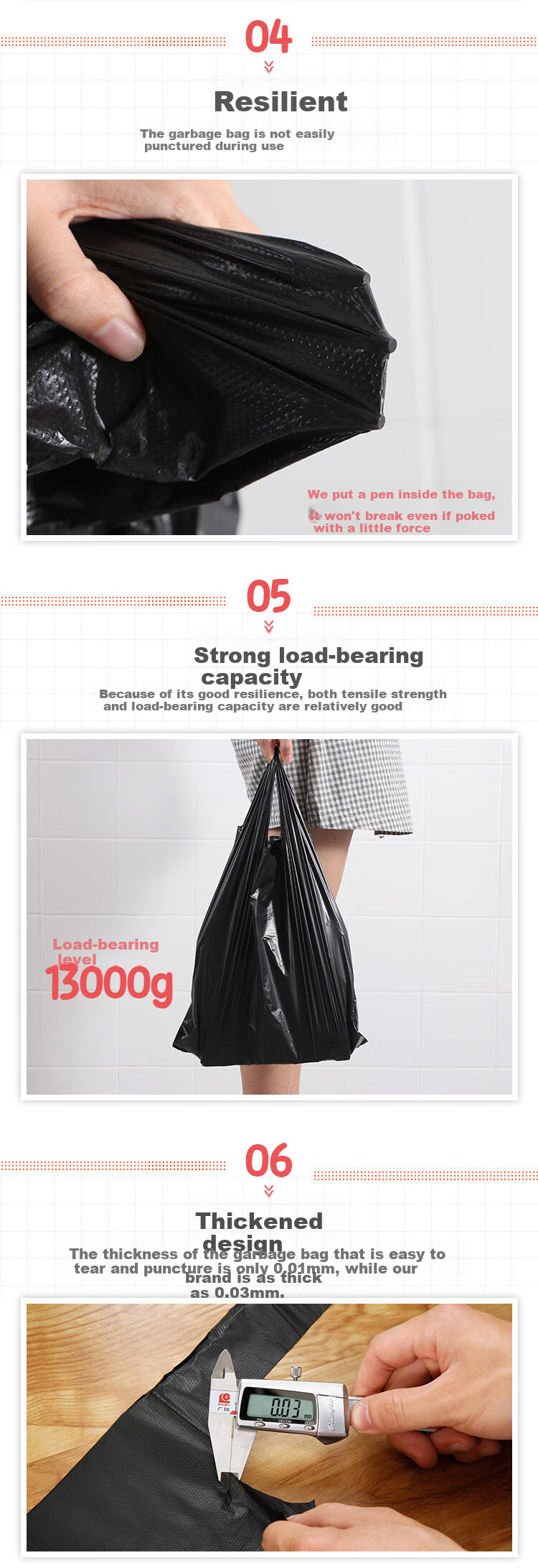Ourunzhe Thick Black Vest-Style Garbage Bags, 30*60cm, 200 Count, 1.7 Microns, Handled for Home Use, 12L Trash Can Plastic Bags 3