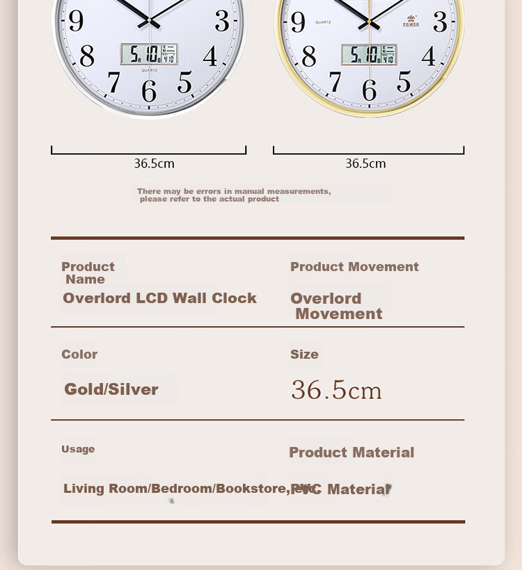 POWER Bawang Wall Clock, Living Room Temperature And Humidity Display, Convex Face Clock, Creative Wall-Mounted Quartz Clock, No Drilling Required, Home Use, Diameter 36cm 5