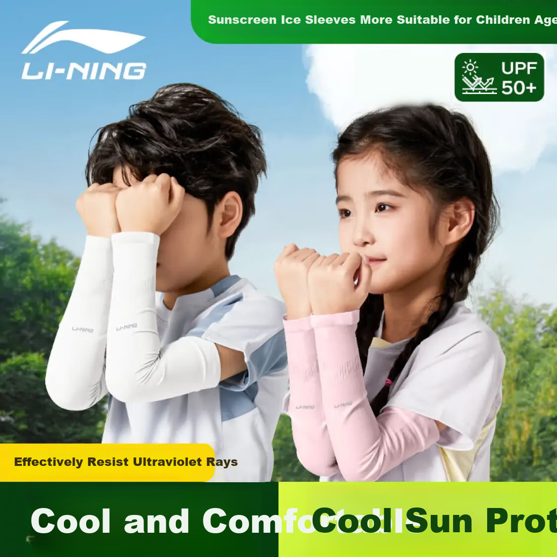 Li-Ning Children's Ice Silk Arm Sleeves, Sun Protection Arm Covers for Boys And Girls Aged 3-14, Outdoor Sun Protection And Mosquito Repellent UV Protectio
