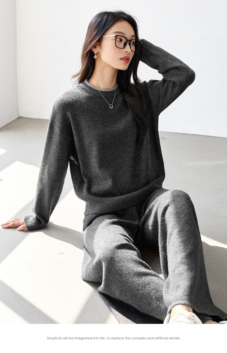 FANXIMAN Premium Wool Blend Knit Set Women Autumn New Top and Wide-Leg Pants Set Oatmeal M 10
