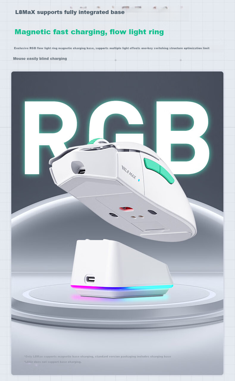 MACHENIKE L8 Max Star Flash Wireless Mouse, Lightweight Tri-Mode Bluetooth Wired C-Port Gaming Mouse for Medium to Large Hands, Ergonomic Office Right-Handed Mouse, Wireless Charging, White 12