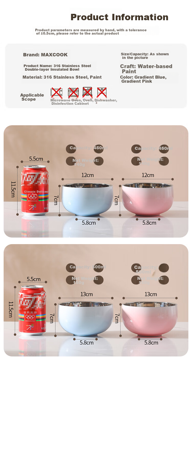 MAXCOOK 316L Stainless Steel Bowl, Soup Bowl with Double-Layer Insulation, Rice Bowl Tableware Noodle Bowl 13cm, Colorful Set of 3 MCWA9102 6