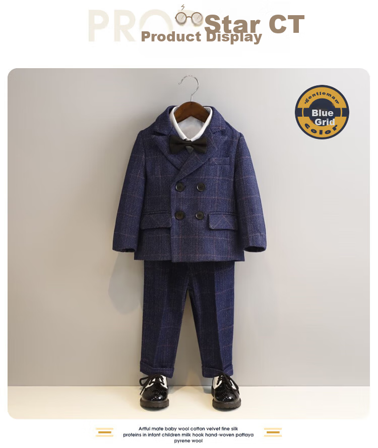 LUOBOBEIBEI Children's Suit Plaid Boys Formal Wear Set for Piano Performance, Host, And New Year Greetings, Navy Blue Five-Piece Set, Size 150 8