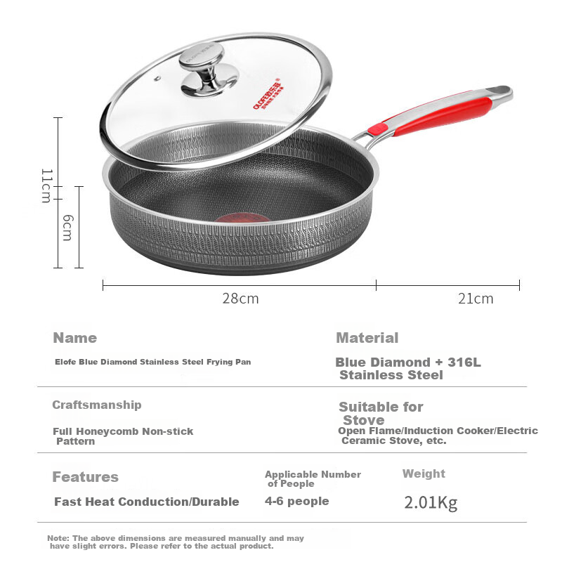 OLOFE Titanium Non-Coated Non-Stick Frying Pan Stainless Steel Flat Bottom Pan for Breakfast Steak Pancakes Grilled Meat Fried Eggs 28cm