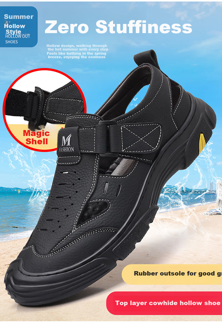 EGCHI Men's Sandals, Beach Shoes, Top-Grain Leather, Hollow-Out Velcro Sandals, J28021, Black, Size 39 2