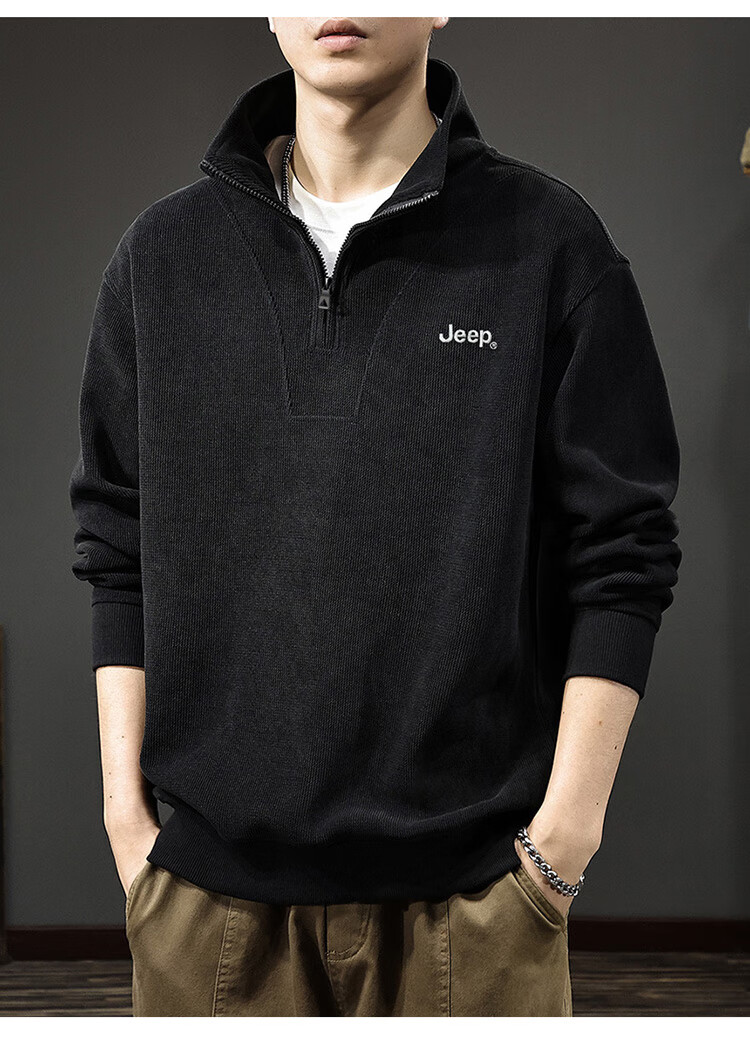 JEEP Men's Autumn Winter Zip-up Loose Long Sleeve Corduroy Thickened Warm Sweatshirt Black L 5