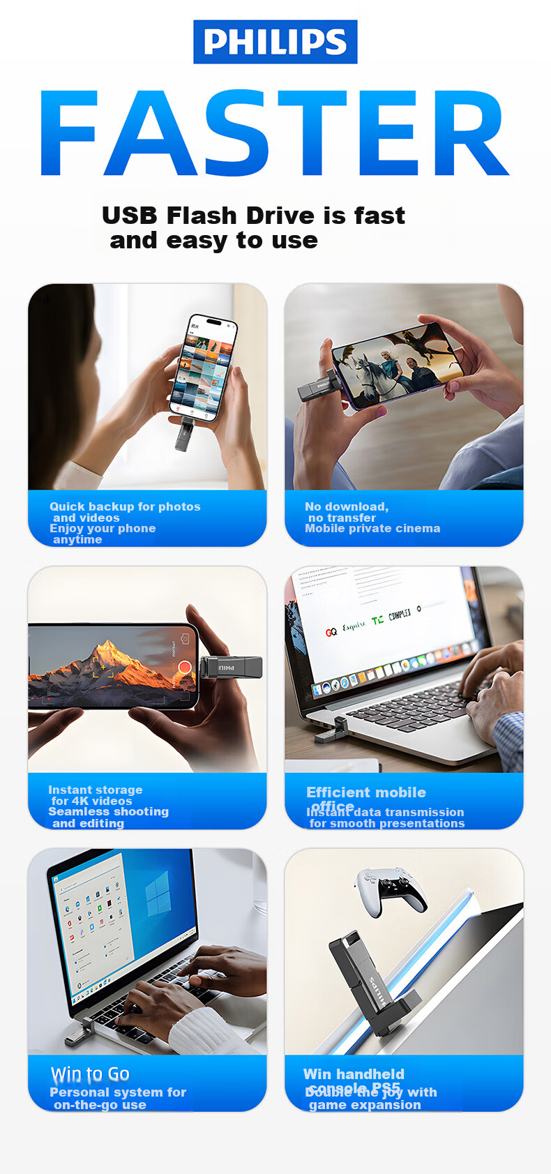PHILIPS 1TB High-Speed Solid State USB Flash Drive, Dual Interface for Phones And Computers, 41UT, Read Speed up to 1000MB/s, Large Capacity Flash Drive, Compatible with Phones, Computers, And Tablets 1