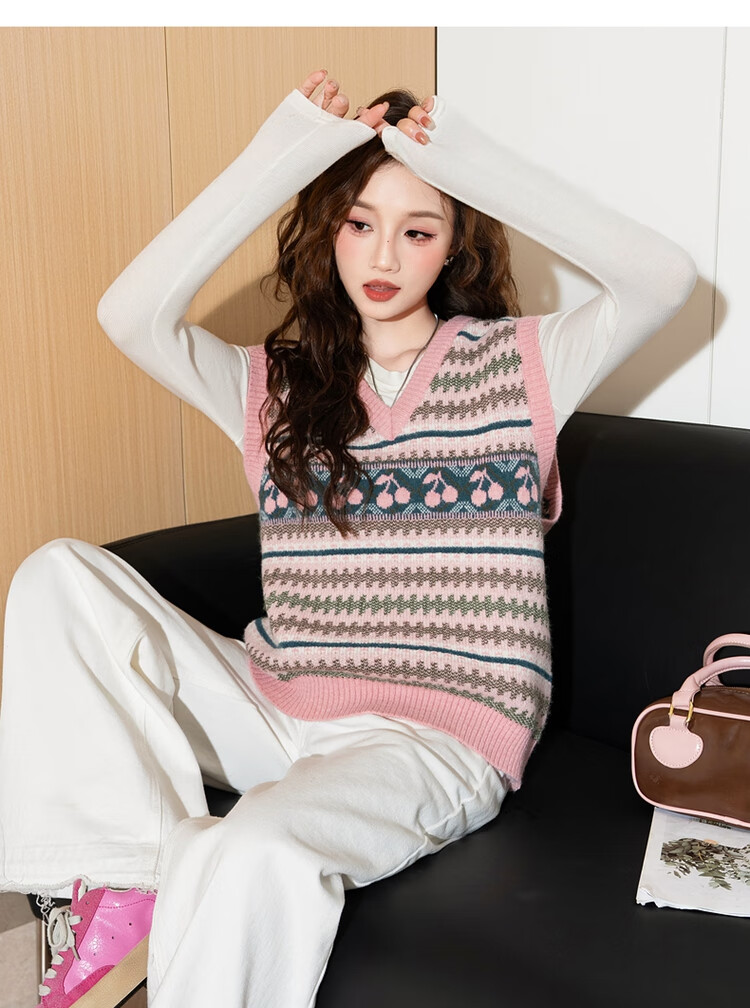 TonLion 2024 Women's V-Neck Jacquard Knit Vest Sweater 4