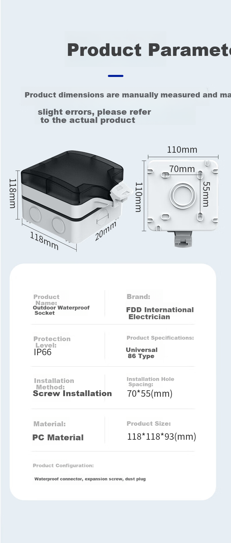 FDD Outdoor Waterproof Switch Socket, Bathroom Power Supply Waterproof Box, Surface And Recessed Installation, Outdoor Storm-Proof Splash-Proof Box, Single Switch Single Control Five-Hole 10A + Waterproof Box [Surface Mounted] 8
