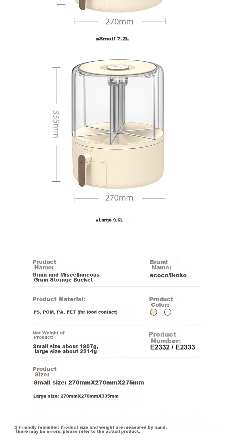 Ecoco Rice Container, Food-Grade Rotating Multi-Grain Bucket, Sealed Jar, Kitchen Storage Container for Grains, Insect-Proof Rice Box E2332 White 13