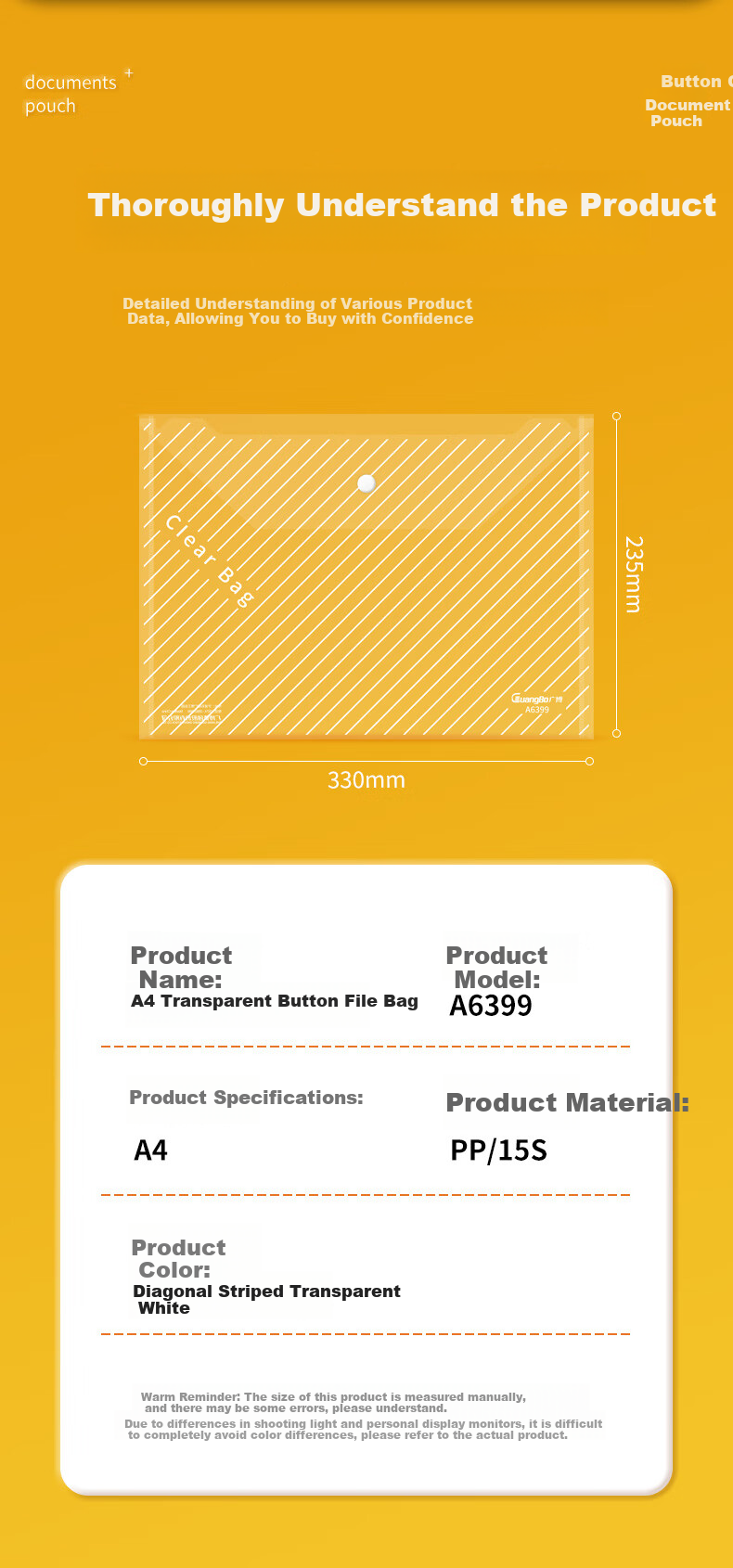 GuangBo 3c Digital All-Net Low Price, 50-Pack A4 Button Closure, Thickened Transparent Waterproof File Folder for Students, Exam Paper Storage, Subject Classification File Organizer, Office Supplies A6399 9