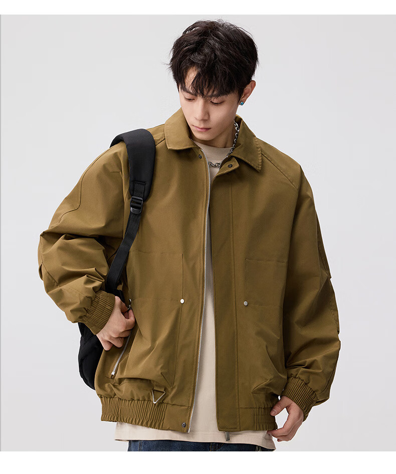 FAIRWHALE Men's Turn-Down Collar Jacket Spring Autumn New American Casual Loose Workwear Coat 2XL Earth Tone 10