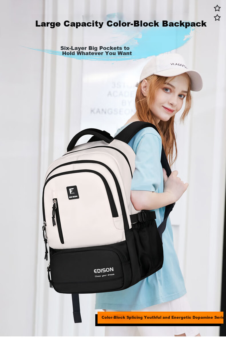 Edison Inventor Middle And High School Student Backpack Large Capacity for Middle And College Students, Lightweight Spine-Protecting Double Shoulder Bag K066-1 Black 1