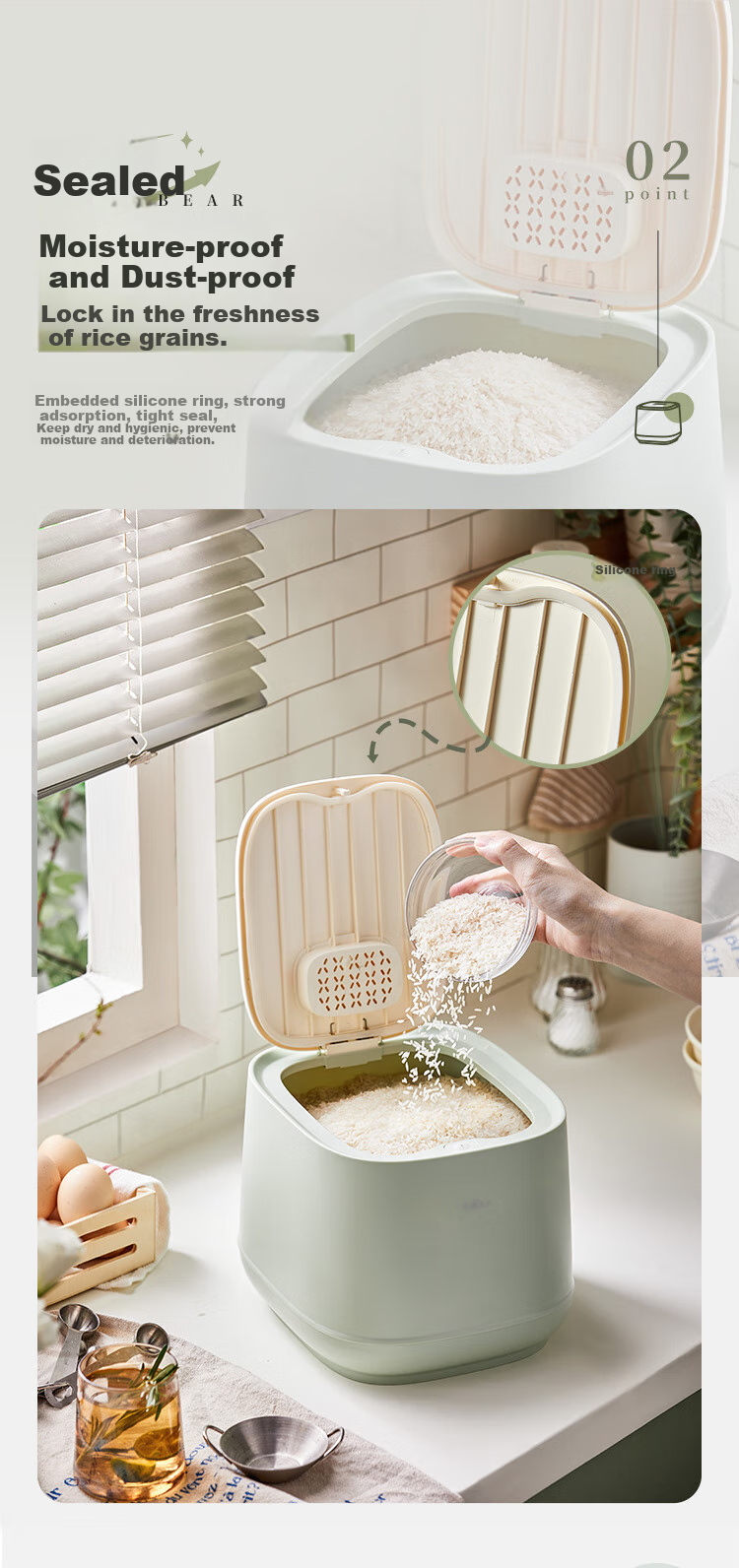 Bear (Bear) Rice Container, Food-Grade Insect-Proof Rice Storage Bin, Rice Jar, Grain Storage Box, Sealed Bucket, Grain Storage Container, 10 Jin Capacity 3
