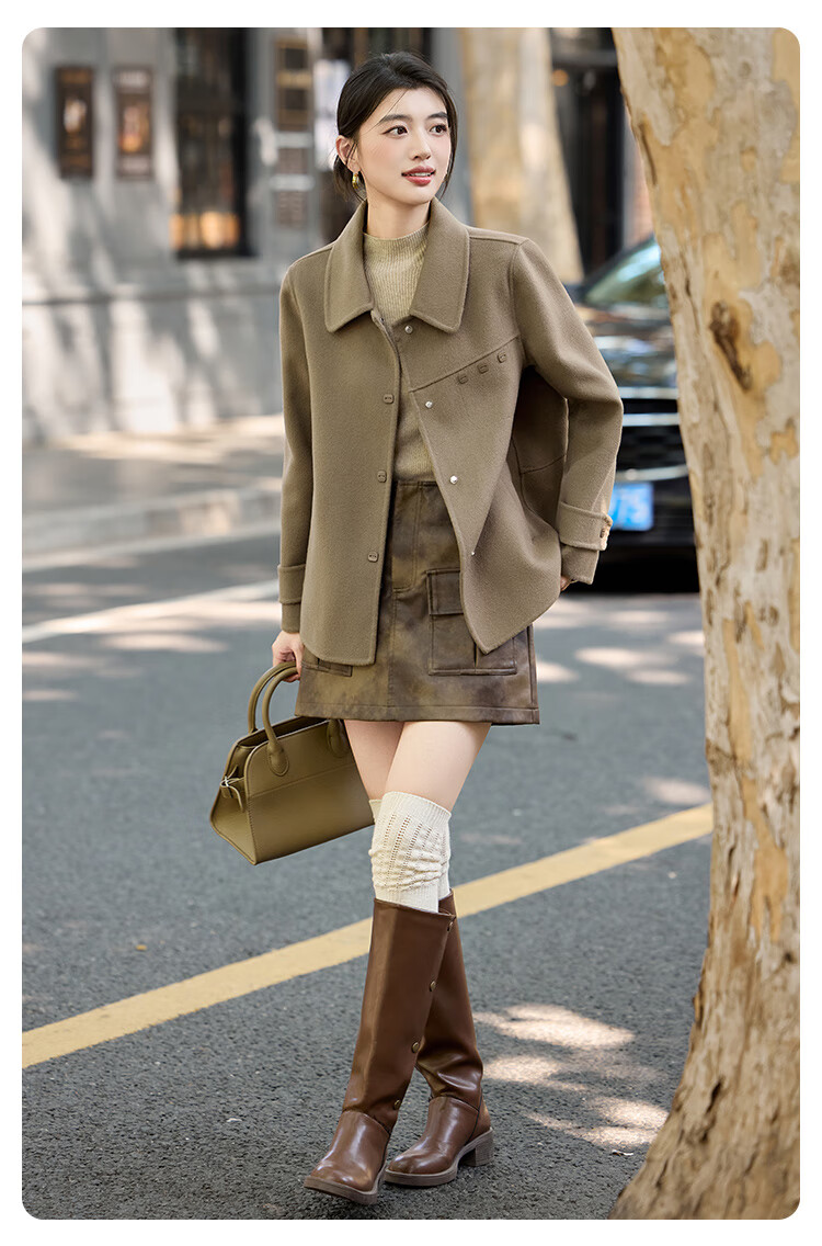 LOUISYAO Minimalist 100% Wool Short Coat 25 Winter New Fashion Slim Double-Sided Woolen Jacket Women Khaki Green M 2
