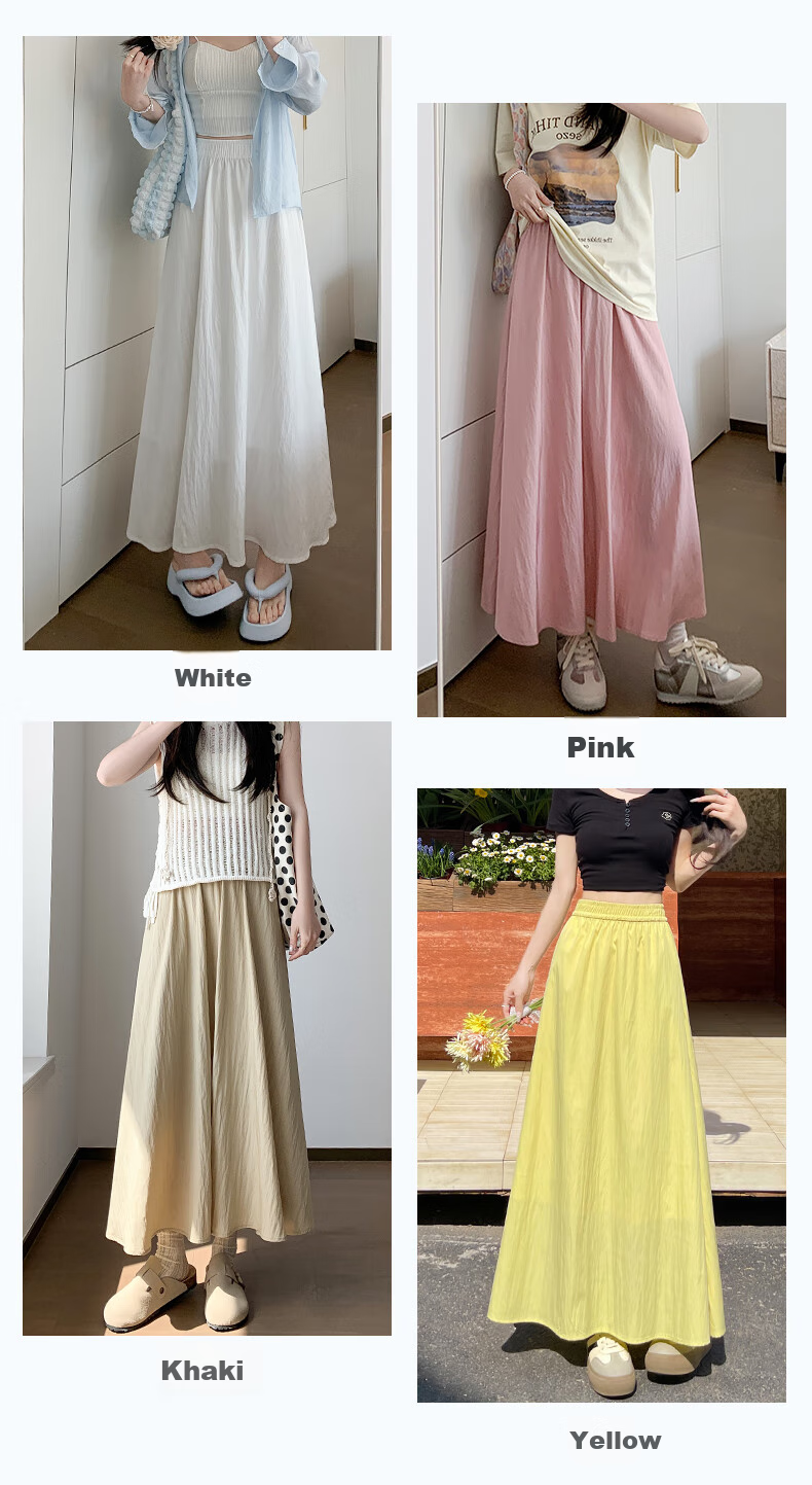 Langsha Women's Summer High-Waist Draped A-Line Skirt Loose Comfortable Elastic Waist Casual Slimming Skirt 12