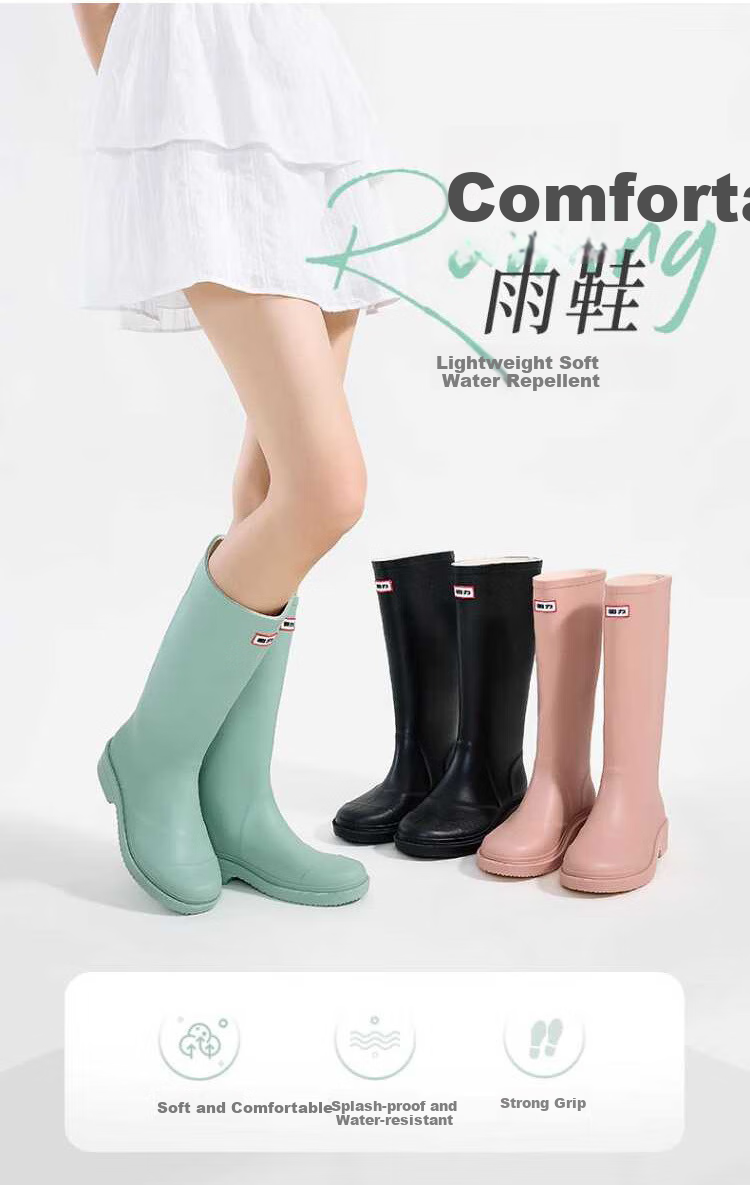 Warrior Rain Boots for Women, Fashionable Adult Tall Rain Boots, Waterproof Shoes, Rubber Shoes, Overshoes, Water Boots HL033 Black Size 38 1