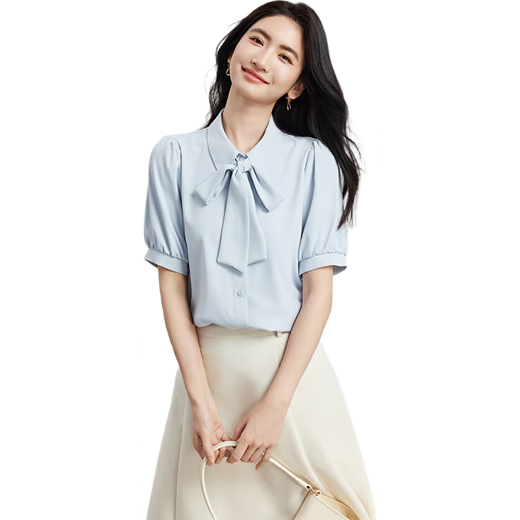 Bodexiaojie Blue Bow-Tie Blouse for Women, Stylish Tie-Up Short-Sleeve Top, Elegant Office Wear for White-Collar Professionals, XL