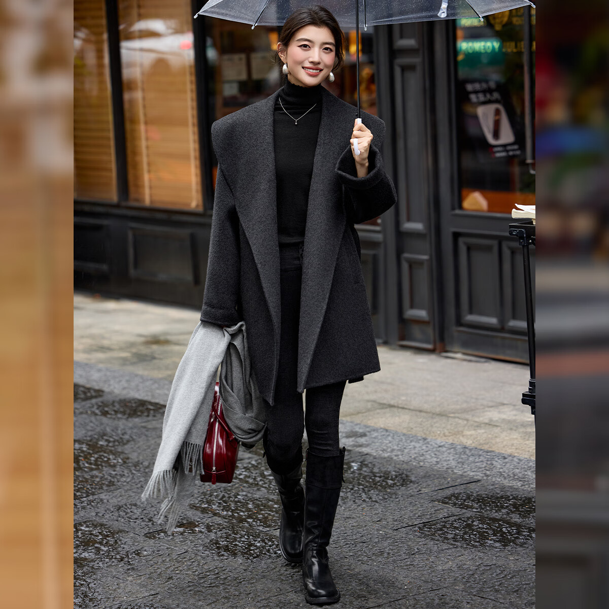 LOUISYAO Large Lapel Wool Blend Double-Sided Mid-Length Coat for Women Winter 2025 New Elegant Gray L