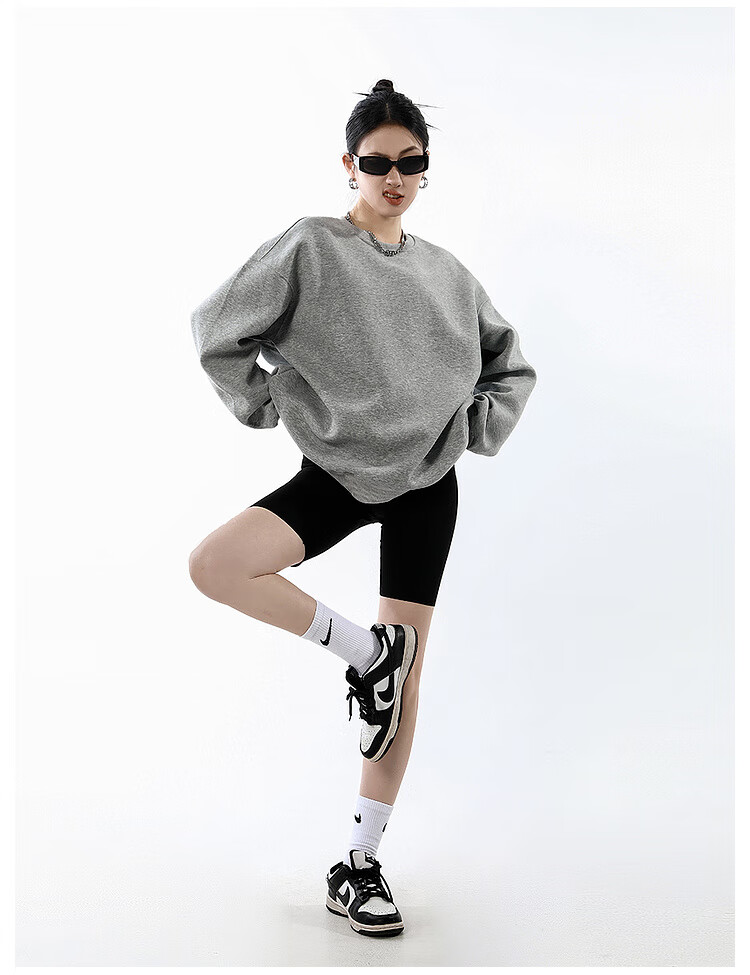 ICH MODE Women's American Style Crew Neck Solid Color Sweatshirt Spring Autumn New Loose Lazy Pullover Long Sleeve Top Black M 8