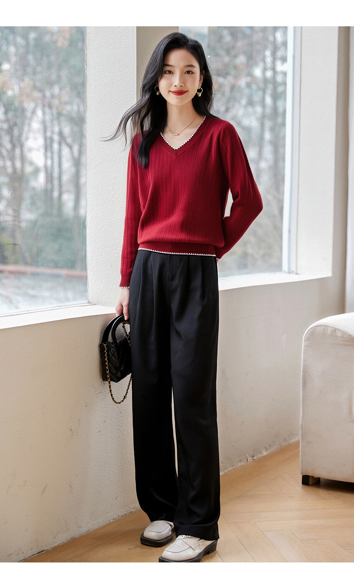 Chushen Women's Spring and Autumn Knitwear Fashionable Elegant V-Neck Color-Block Collar Long Sleeve Base Shirt S141Z3649 25