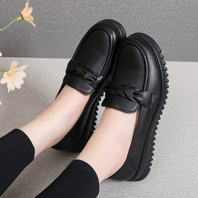 Hengyuanxiang Women's Loafers Leather Vintage Flat Slip-On Shoes J50816 Black Size 39