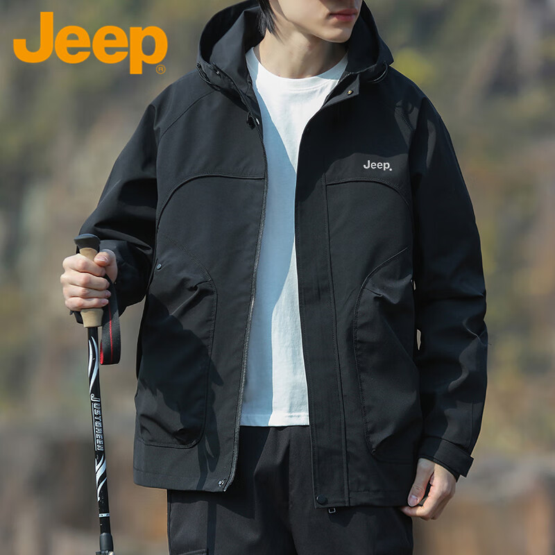 JEEP Men's Spring Autumn Loose Hooded Jacket Casual Workwear Outdoor Mountaineering Coat Black XL