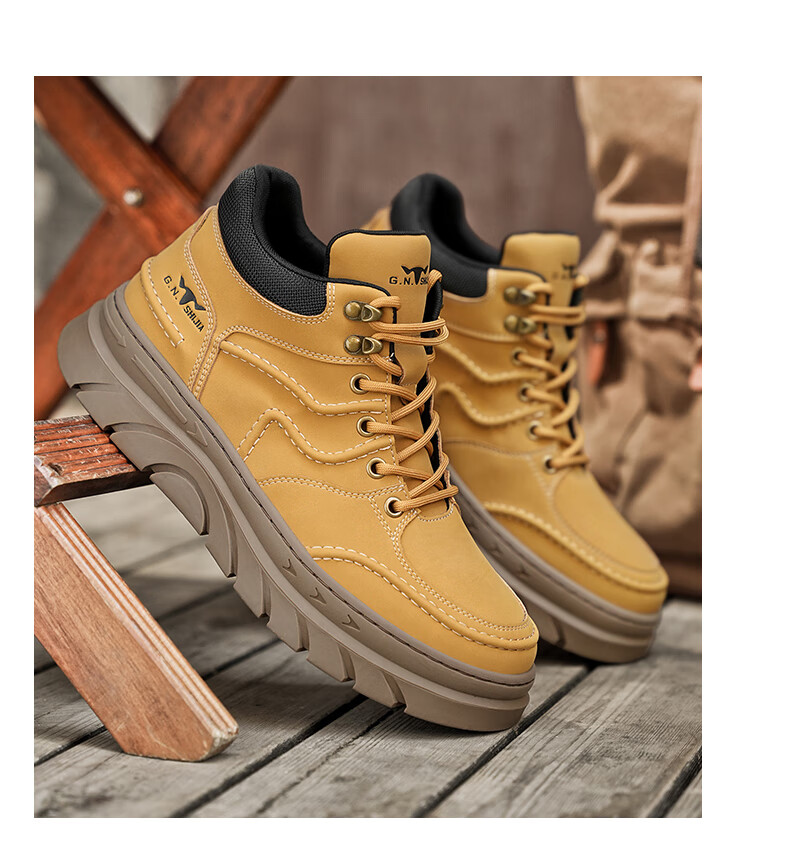 Bull Family Martin Boots Men Autumn Winter New High-top Durable Work Boots Thick Sole Height Increasing Yellow Boots Men's Versatile Biker Shoes 18
