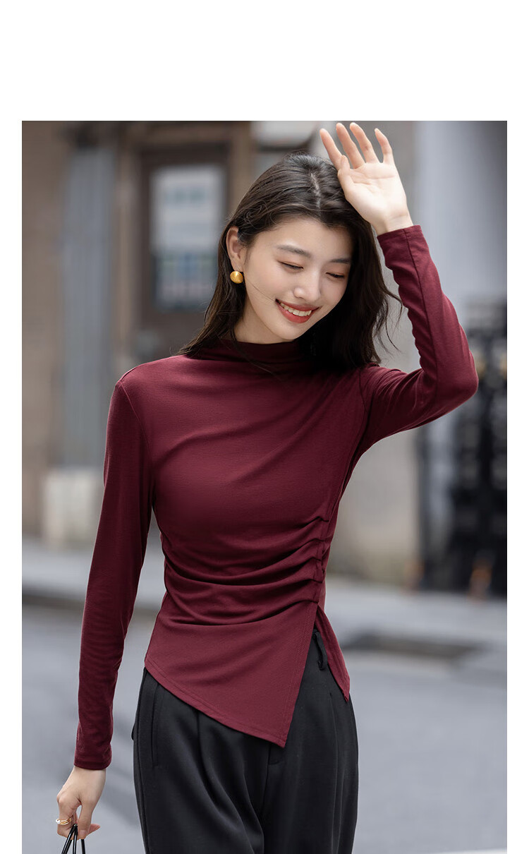Demana [with breathable lyocell] Autumn Vintage Style Asymmetric Ruched Long Sleeve Women's Turtleneck T-Shirt 2